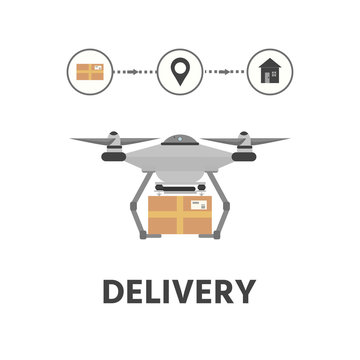 Infographic concept deliver parcel.  Drone delivers the parcel. The concept of fast, free delivery, gift. Vector illustration for design.