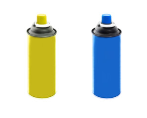Set of spray paint cans yellow and blue colors isolated on white background