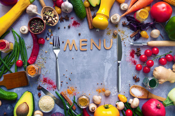 Circle of healthy colorful spicy flavoured seasoning with fresh summer organic antioxidant fruits and vegetables for vegan or vegetarian menu isolated on grey background. Healthy lifestyle concept