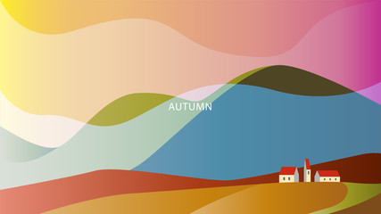 Minimalistic landscape with high hills and houses under their sl