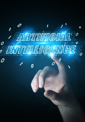 Businesswoman using digital artificial intelligence text hologram 3D rendering