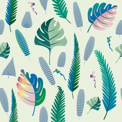 Fern and palm leaves pattern. Seamless background. Vector illust