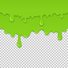 Green sticky liquid seamless element. Realistic dripping slime isolated object. Background with oozing zombie slime. Popular kids sensory game. Paint drips and flowing repeatable vector illustration.