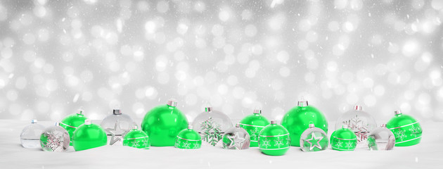 Green and silver christmas baubles isolated 3D rendering