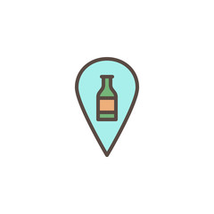 Map marker with beer bottle filled outline icon, line vector sign, linear colorful pictogram isolated on white. Bar location pin symbol, logo illustration. Pixel perfect vector graphics