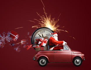 Christmas countdown arriving. Santa Claus on car delivering New Year gifts and clock at red background