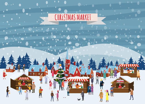 Christmas market or holiday outdoor fair on town square. People walking between decorated stalls, canopy or kiosks, buying snacks,gifts, decoration and drinking hot coffe, tea and mulled wine