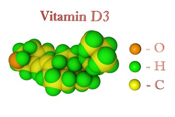 Molecular model of vitamin D3, cholecalciferol. Scientific background. 3d illustration