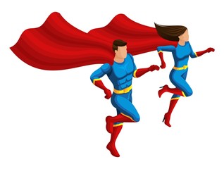The isometry of the superheroes is a man and a girl in suits, they run to help, the cloak develops, 3D characters, heroes, rescuers. Vector illustration