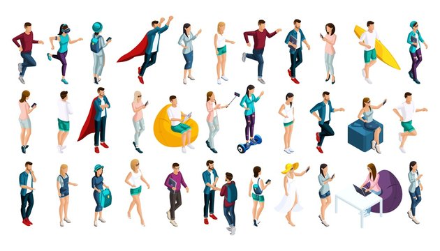 Isometrics set of vector characters in different poses, 3d teenagers, men and girls, doing different actions. Set of people for Vector illustrations
