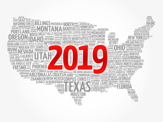 2019 year USA Map word cloud with most important cities