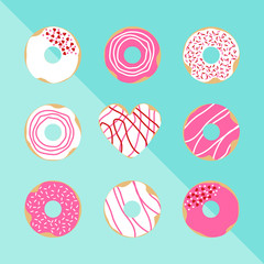 Set of Valenvine's day theme doughnuts on blue background