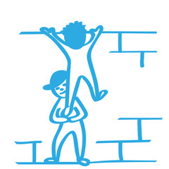 Handgezeichnete Männchen klettern über Mauer in blau