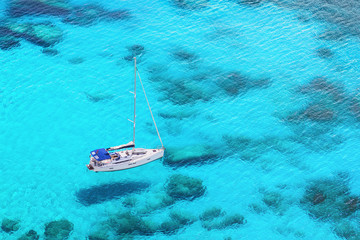 Beautiful bay with sail boat yacht. Yachting, sailing, travel and active lifestyle concept....