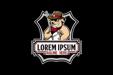 cowboy pig or hog  cartoon with fork vector label template