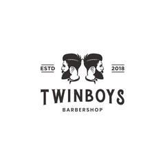 Twin boys barber shop vintage logo design template inspiration in black color