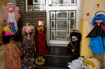 Dolls representing the nativity scene (the child Jesus, Mary, Joseph, the Magi and the angels)....