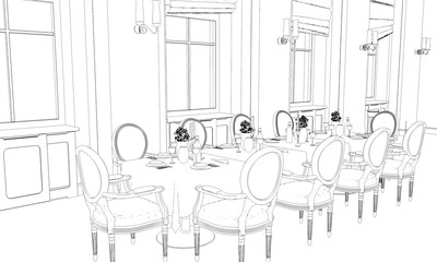 restaurant, 3D illustration, sketch, outline