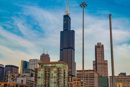 Chicago Skyline With Blue And White Sky.