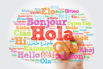 Hola! (Hello Greeting in Spanish) word cloud in different languages of the world with marker, background concept © dizain