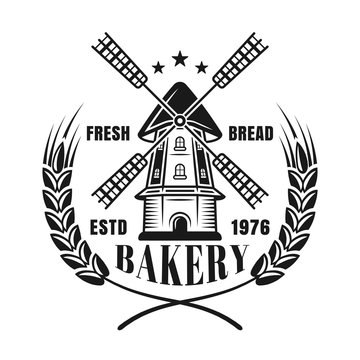 Windmill and wheat vector black emblem for bakery