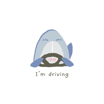 Vector hand drawn emoji. Funny shark smile drives a car.