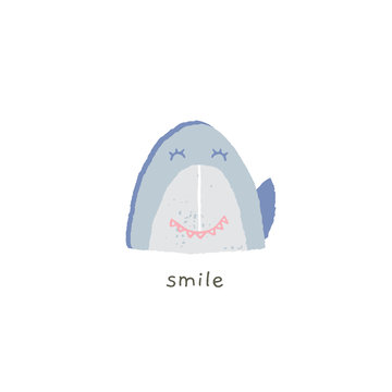 Vector hand drawn emoji. Cute shark smile with emotions. Smile