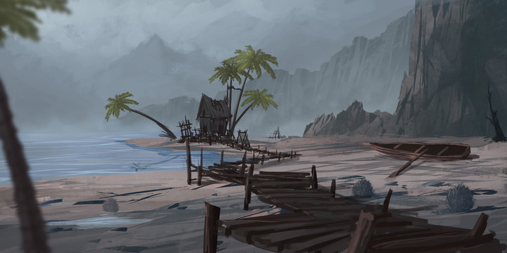 Chinese Mountain and River. Fiction Backdrop. Concept Art. Realistic Illustration. Video Game Digital CG Artwork. Nature Scenery.
