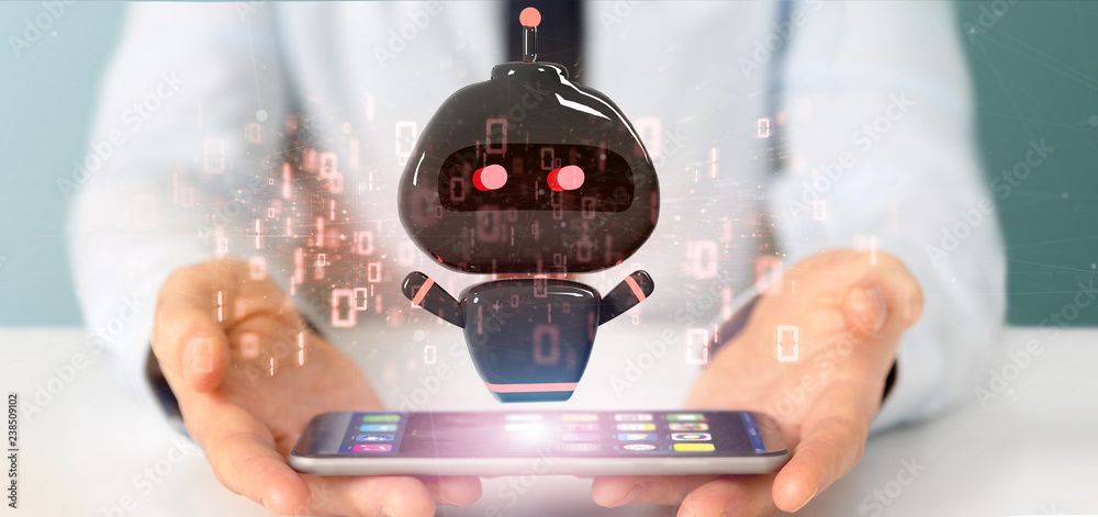 Poster businessman holding virus chatbot with binary code 3d rendering