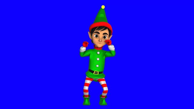Cute elf dancing chicken dance isolated on blue screen. Seamless funny Christmas animation with chroma.