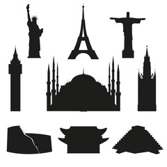 Set of vector icons of world architectural landmarks. Black isolated silhouettes on white background.