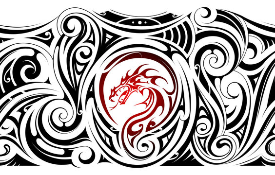 Tribal art sleeve tattoo with dragon shape