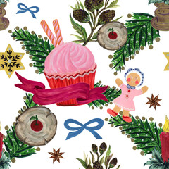 Vintage Christmas party pattern Watercolor Gouache Illustrations of Christmas decorations