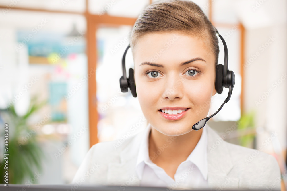 Wall mural business, technology and communication concept - female helpline operator in headset working at offi