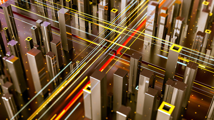 Creative abstract concept of technology and connection with city digital skyscrappers and traffic. 3d illustration.