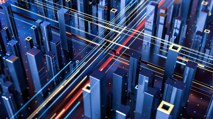 Creative abstract concept of technology and connection with city digital skyscrappers and traffic. 3d illustration.