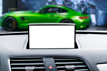 Fototapeta na wymiar Monitor in car with isolated blank screen use for navigation maps and GPS. Isolated on white with clipping path. Car detailing. Modern car interior details.
