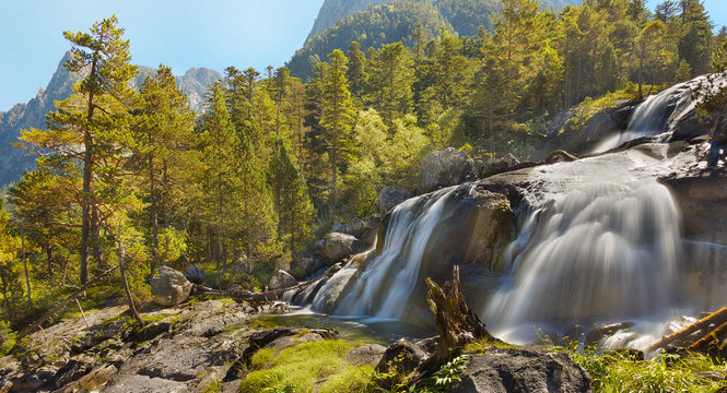 View of a mountain waterfall, long exposition, Pyreneyes, France