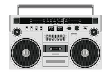 Fototapeta na wymiar Vector old cassette recorder for pushing music with two speakers isolated on white background.