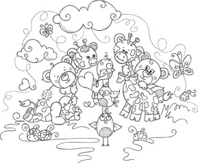 Kids coloring page of cute teddy bears and giraffes