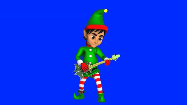 Cute elf playing rock guitar isolated on blue screen. Seamless funny Christmas animation with chroma