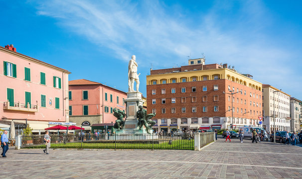 the Monument of the Four Moors in Livorno, Italy. It is dedicated to Grand Duke Ferdinando I de Medici of Tuscany.the statue with black African characteristics