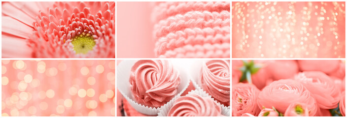 trendiges Designkonzept - Collage aus verschiedenen Objekten und Texturen in der Farbe des Jahres 2019 lebende Koralle © Syda Productions