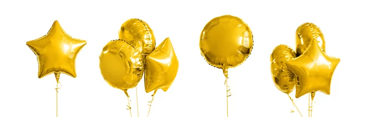  holidays and birthday party decoration concept - many metallic gold helium balloons of different shapes over white background © Syda Productions