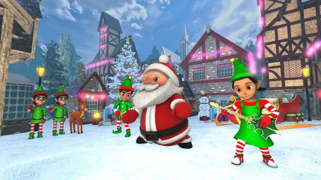 Cute Santa dancing hip hop in a Christmas village with elves playing rock guitars. Seamless funny Christmas animation.