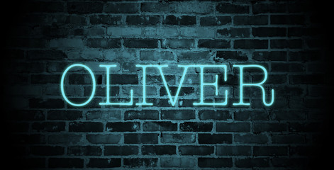 Obraz premium first name Oliver in blue neon on brick wall