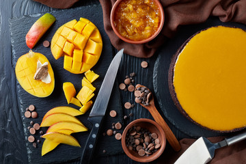 tasty chocolate mango cheesecake, close up