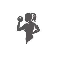 Gordijnen Female bodybuilder lifting dumbbells silhouette isolated on white background vector illustration. © provectors