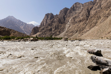 Border river Panj River in Wakhan valley with Tajikistan right and Afghanistan left