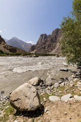 Fototapeta na wymiar Border river Panj River in Wakhan valley with Tajikistan right and Afghanistan left